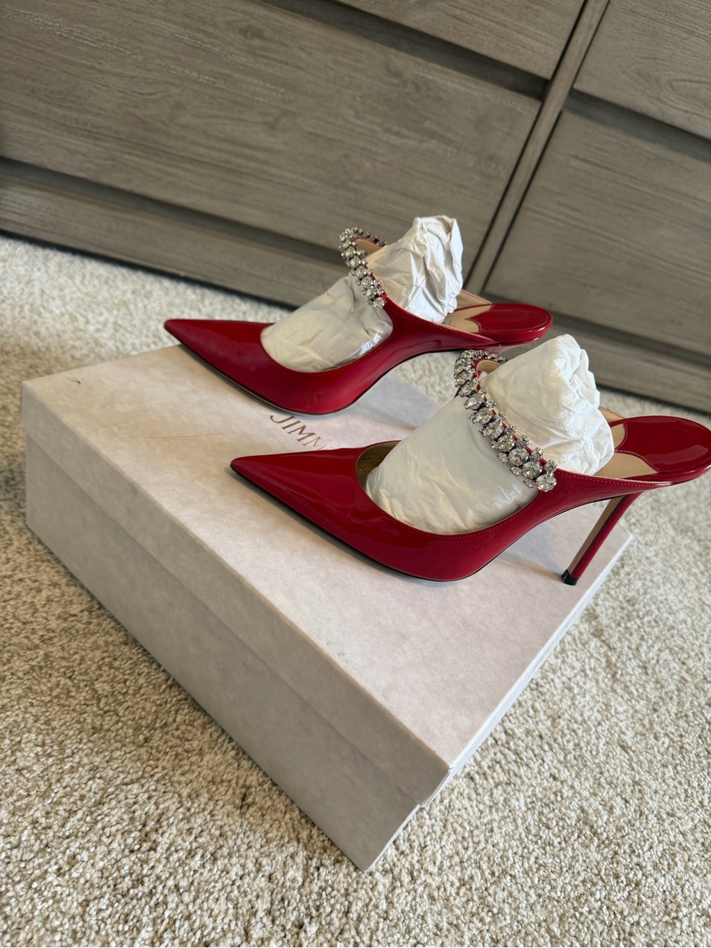 Jimmy Choo Red Patent Pointed Crystal-Embellished Mule Heels